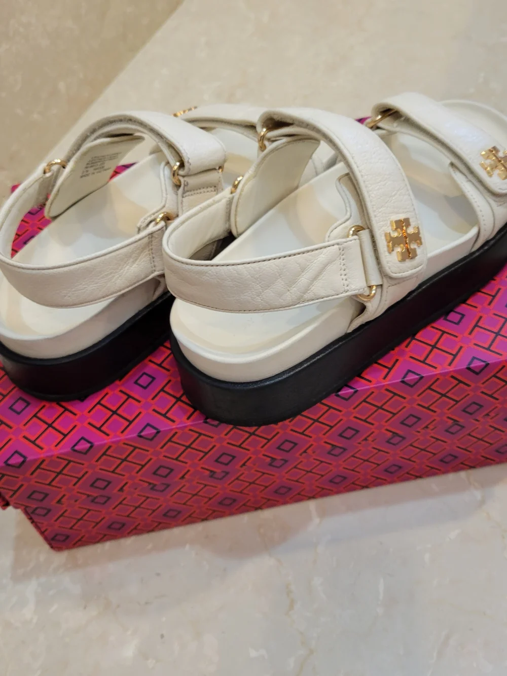 Tory Burch Kira White Sandals with Gold Logo